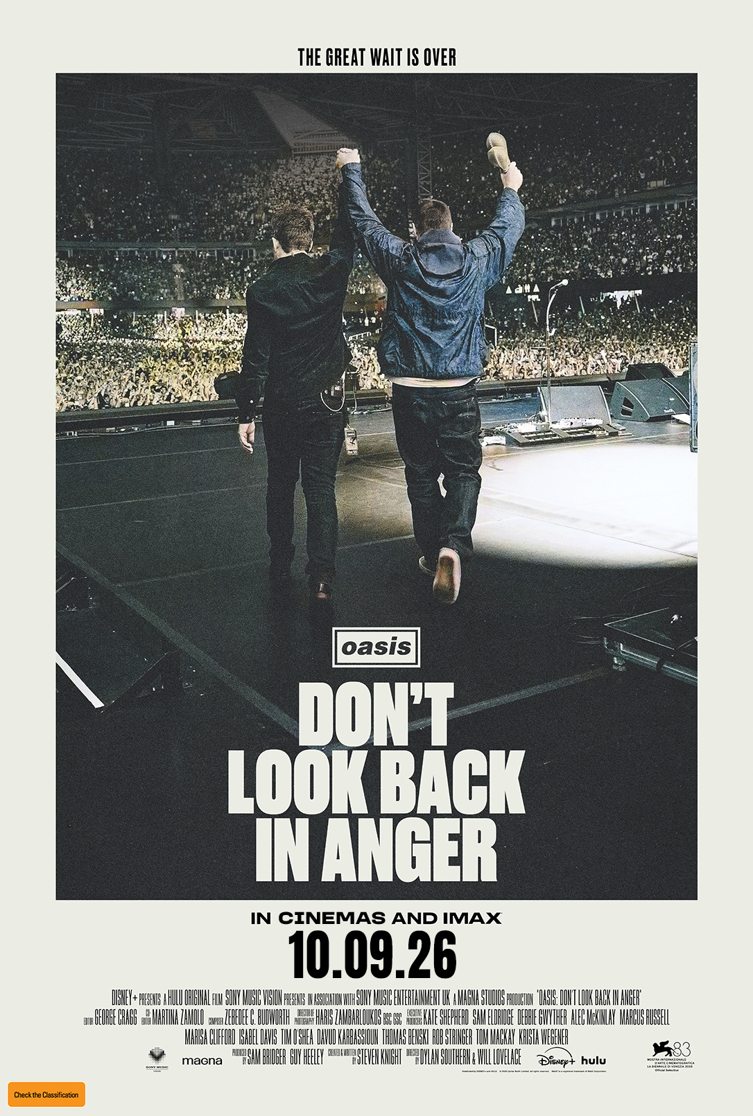 Oasis "Don't Look Back In Anger" cinema release poster featuring Liam and Noel Gallagher on stage facing a stadium crowd.